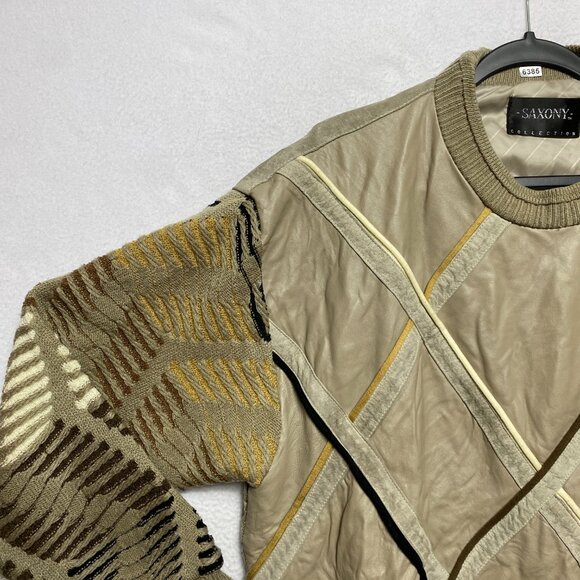 VINTAGE Saxony Sweater Mens L Brown Geometric Leather Pullover Knitted - Picture 5 of 12